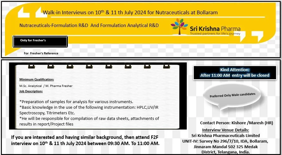 [FRESHER] Sri Krishna Pharma Hiring for M.SC / M. Pharmacy