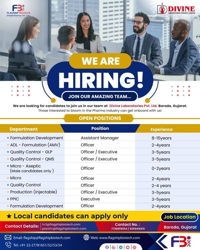 Divine Lab Hiring for QC / Production / ADL / Formulation Development / PPIC / Microbiology Divine Lab Hiring for QC / Production / ADL / Formulation Development / PPIC / Microbiology