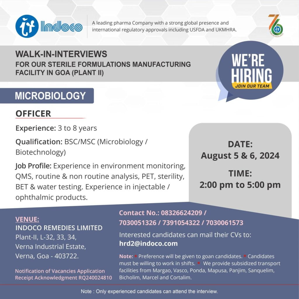 Indoco Remedies Hiring for BSc/ MSc - Microbiology Indoco Remedies Hiring for BSc/ MSc - Microbiology