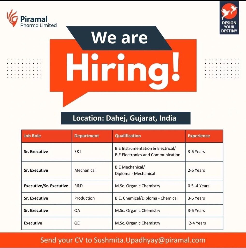 Piramal Pharma Hiring for QC/ QA/ R&D/ Production/ Mechanical/ E&I Piramal Pharma Hiring for QC/ QA/ R&D/ Production/ Mechanical/ E&I