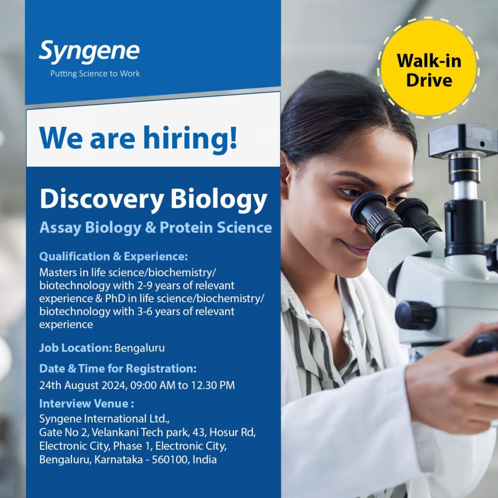 Syngene Hiring for Discovery Biology @Bengaluru Syngene Hiring for Discovery Biology @Bengaluru