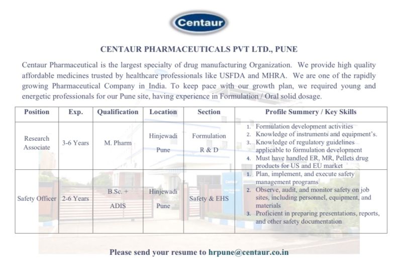 Centaur Pharma Hiring For R&D, Safety & EHS in Pune Centaur Pharma Hiring For R&D, Safety & EHS in Pune