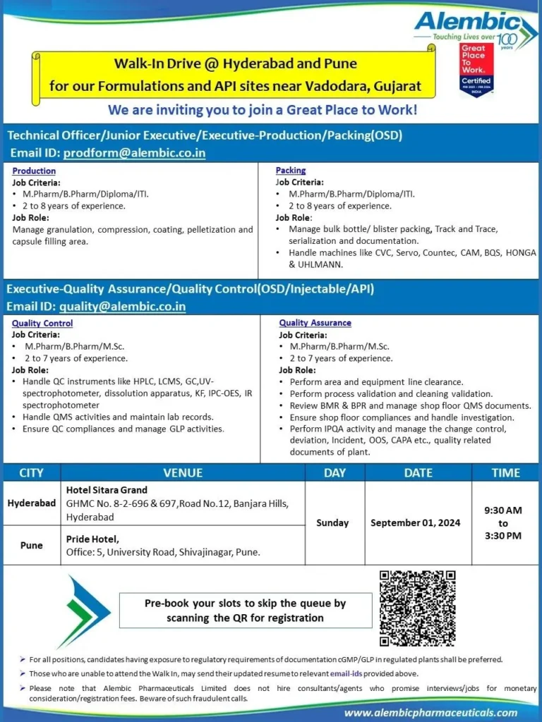 Alembic Pharma Hiring for Production / Packing / QC / QA Alembic Pharma Hiring for Production / Packing / QC / QA