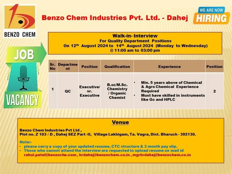 Benzo Chem Industries Hiring for Quality Control - B.Sc/ M.Sc Benzo Chem Industries Hiring for Quality Control - B.Sc/ M.Sc