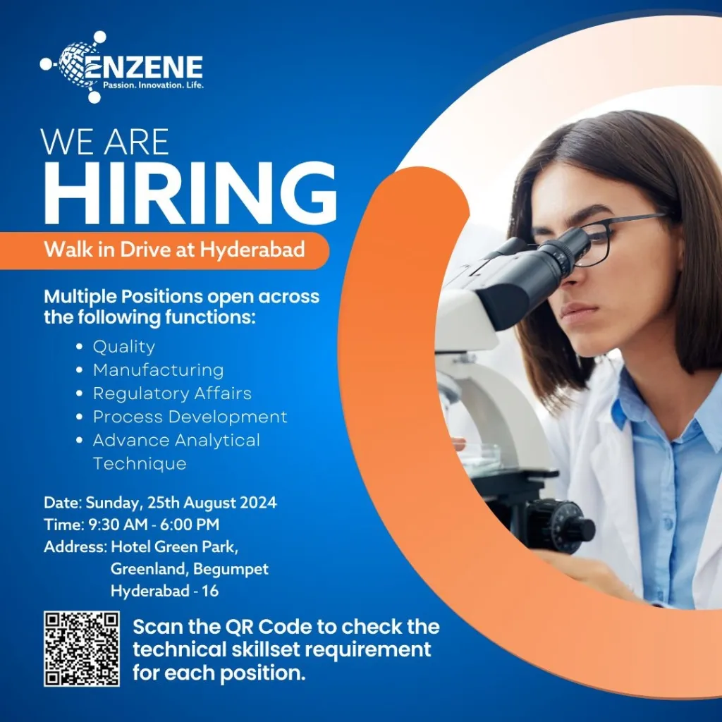 Enzene Biosciences Hiring for Regulatory Affairs/ QC / QA / Manufacturing/ Process Development / AAT