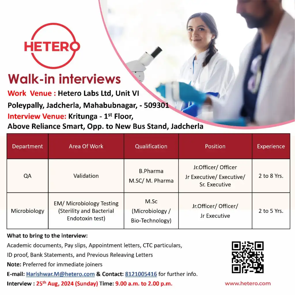 Hetero Labs Hiring for QA / Microbiology