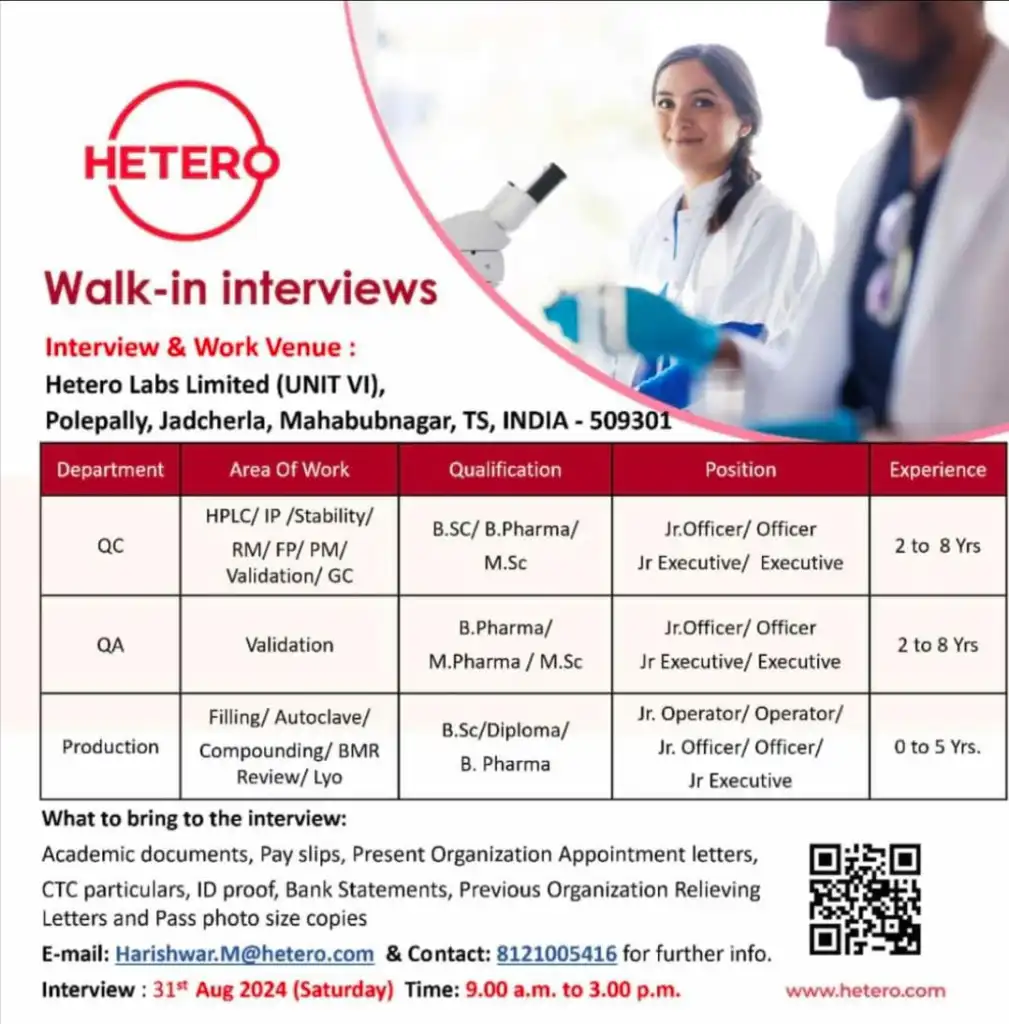 Hetero Lab Hiring for Freshers & Experienced in Production / QA / QC Hetero Lab Hiring for Freshers & Experienced in Production / QA / QC