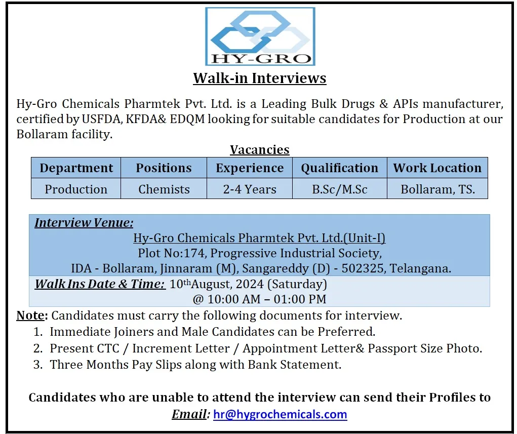 HY-GRO Hiring for Production - B.Sc, M.Sc HY-GRO Hiring for Production - B.Sc, M.Sc