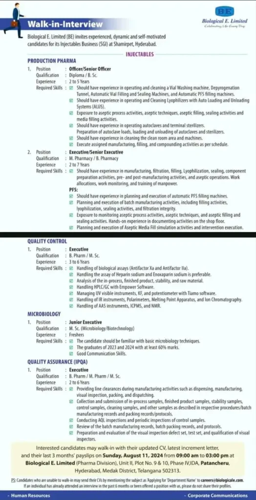 [FRESHER] Biological E. Hiring for QA, QC, Micro & Production