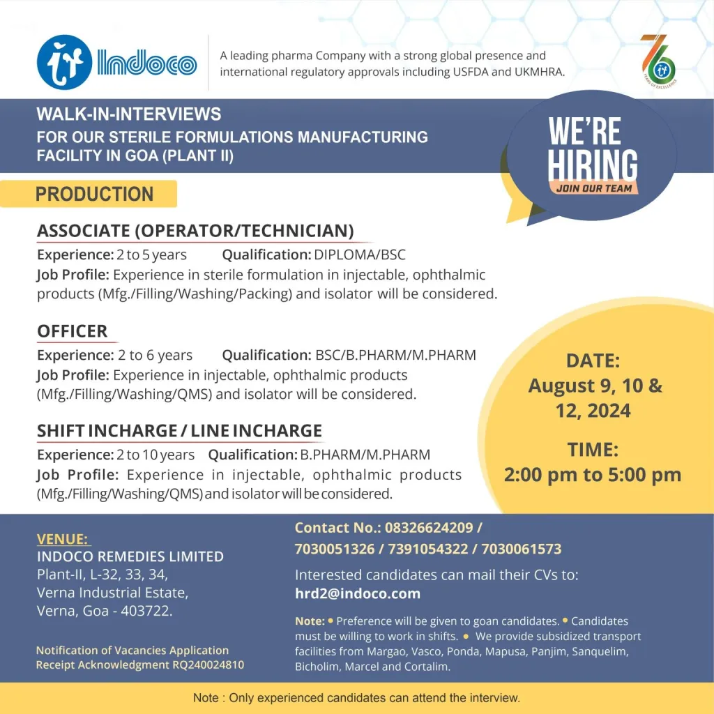 Indoco Remedies Hiring for B.Sc / B.Pharm / M.Pharm / Diploma Indoco Remedies Hiring for B.Sc / B.Pharm / M.Pharm / Diploma