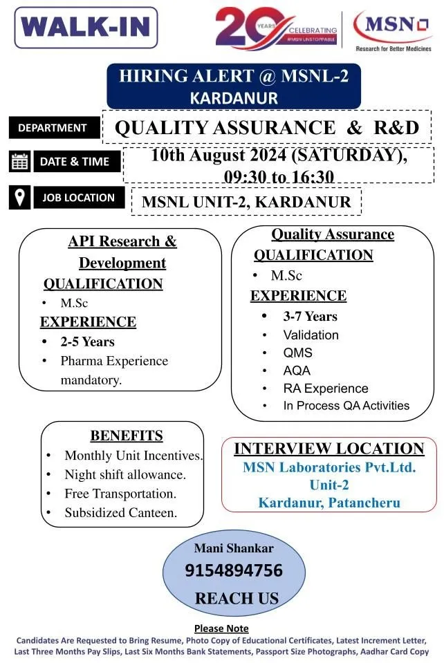 MSN Laboratories Hiring for Quality Assurance / R&D MSN Laboratories Hiring for Quality Assurance / R&D