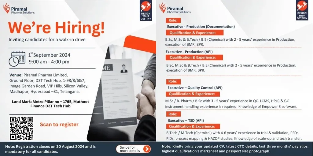 Piramal Pharma Hiring for Production / QC / TSD / Production Documentation Piramal Pharma Hiring for Production / QC / TSD / Production Documentation