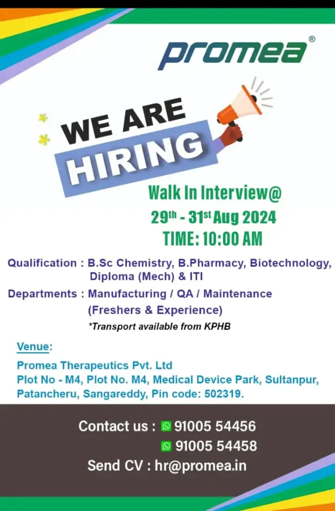 Promea Therapeutics Hiring for Freshers & Experienced in Manufacturing / QA / Maintenance