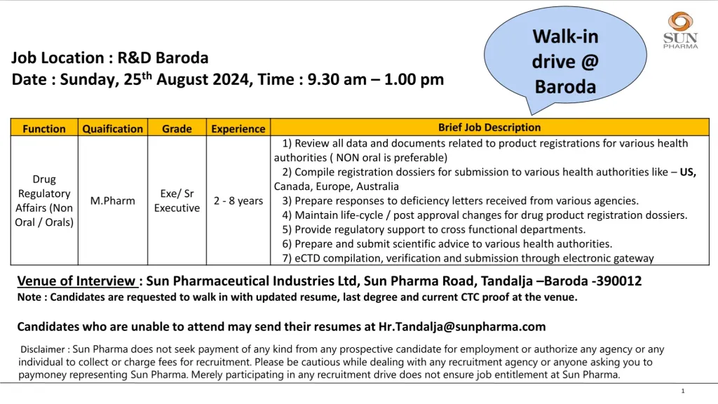 Sun Pharma Hiring for Regulatory Affairs - Openings: 05 Sun Pharma Hiring for Regulatory Affairs - Openings: 05