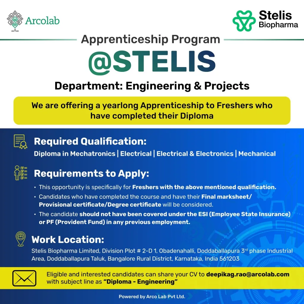 FREESHER NEEDED: Stelis Biopharma Hiring for Engineering & Projects FREESHER NEEDED: Stelis Biopharma Hiring for Engineering & Projects