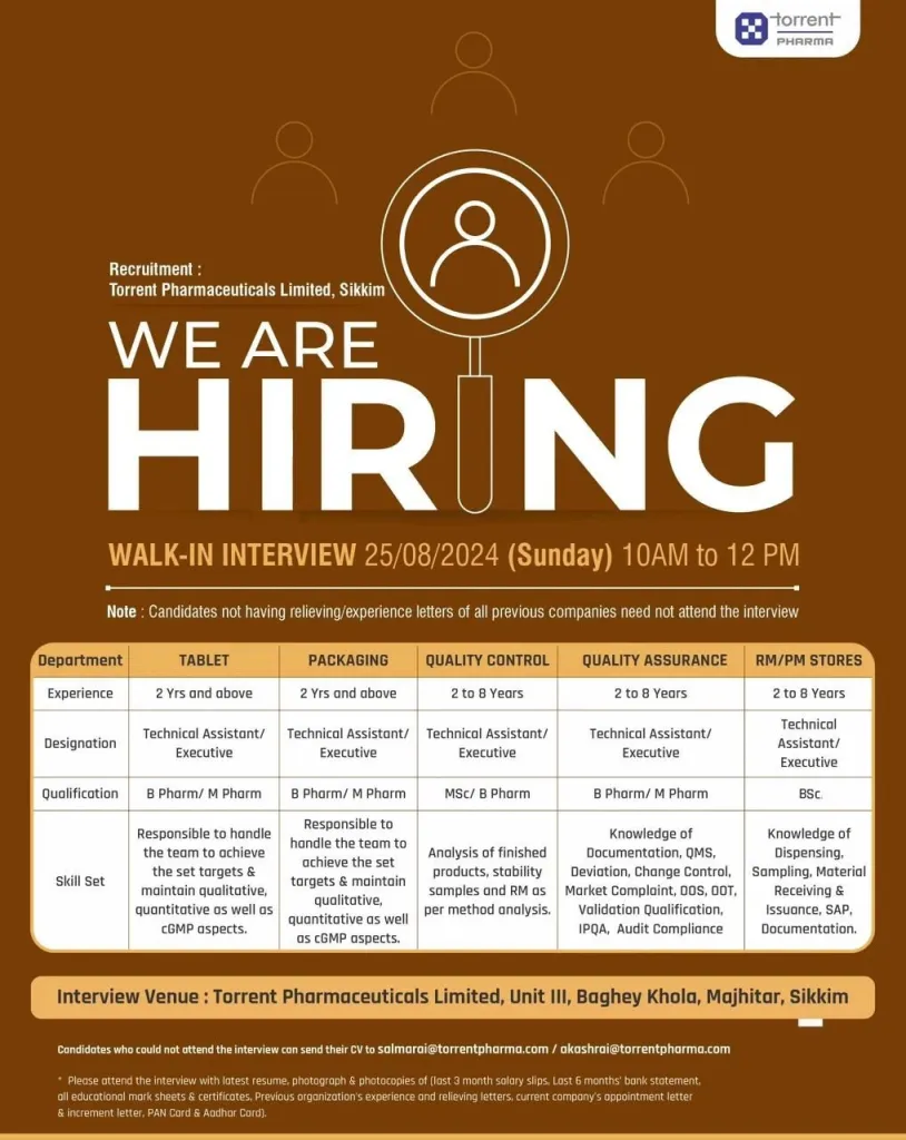Torrent Pharma Hiring for Tablet / QA / QC / Packaging / Stores Torrent Pharma Hiring for Tablet / QA / QC / Packaging / Stores