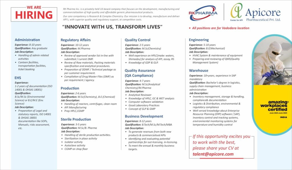 Apicore Pharma Hiring for Regulatory Affairs, EHS, Admin, Production, QA, QC, Business Development, Engineering, Warehouse Apicore Pharma Hiring for Regulatory Affairs, EHS, Admin, Production, QA, QC, Business Development, Engineering, Warehouse