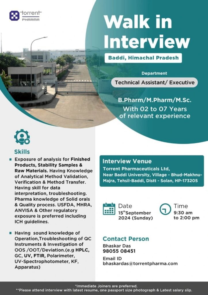 Torrent Pharma Hiring for Regulatory Affairs / ADL / F&D Torrent Pharma Hiring for Regulatory Affairs / ADL / F&D