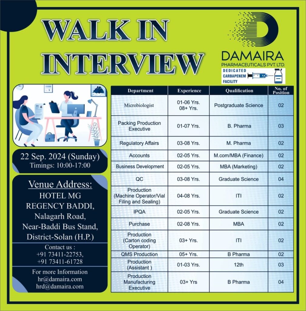 DAMAIRA Pharma Hiring for Regulatory Affairs, Production, Packing, Microbiology, QC, QMS, Accounts, Purchase, BD DAMAIRA Pharma Hiring for Regulatory Affairs, Production, Packing, Microbiology, QC, QMS, Accounts, Purchase, BD