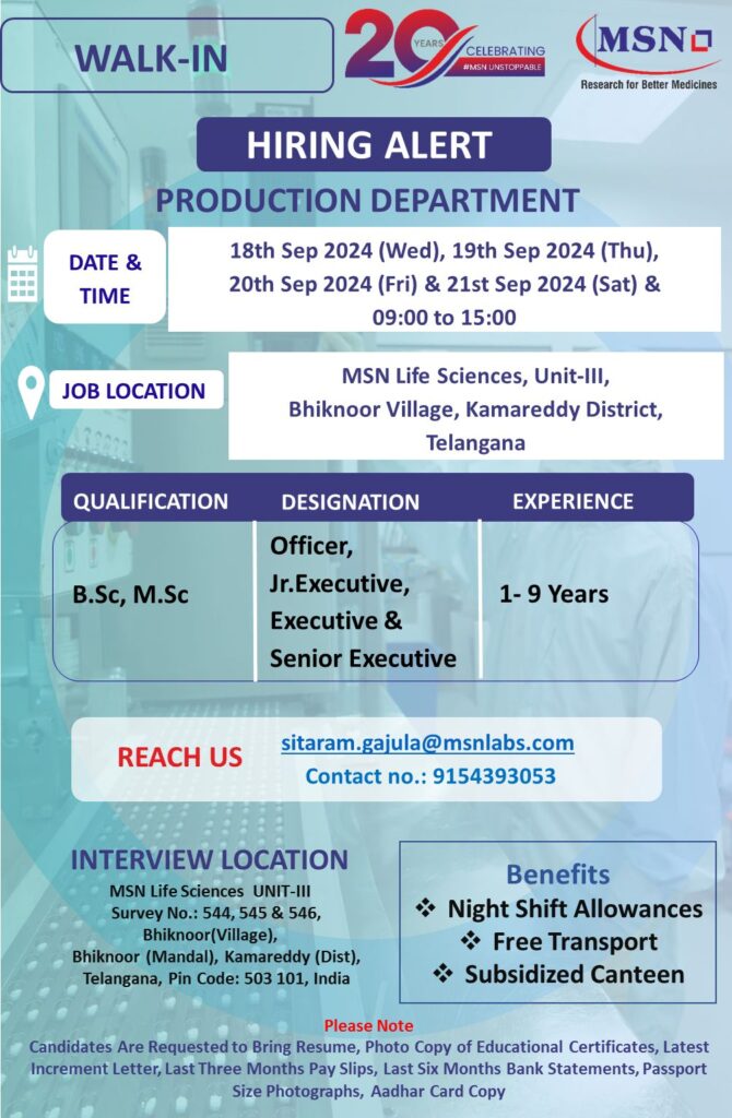 MSN Life Sciences Hiring for B.Sc, M.Sc | Production MSN Life Sciences Hiring for B.Sc, M.Sc | Production