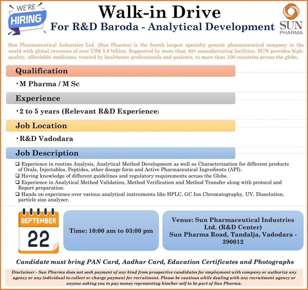 Sun Pharma Hiring for M. Pharma/ M.Sc Sun Pharma Hiring for M. Pharma/ M.Sc