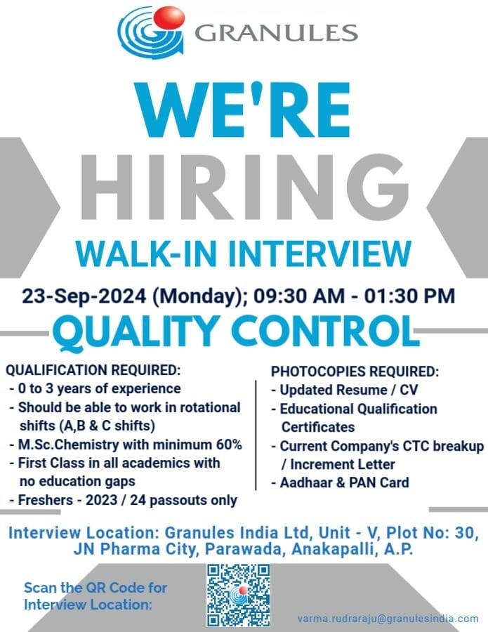 Granules India Hiring for Freshers & Experienced - M.Sc Granules India Hiring for Freshers & Experienced - M.Sc