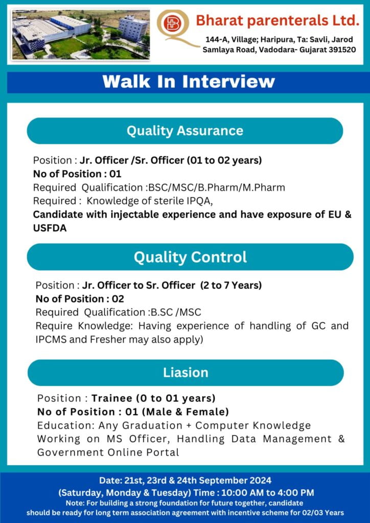 Bharat Parenterals Hiring for B.Sc, M.Sc, B.Pharm, M.Pharm, M.Tech, ITI, Diploma Bharat Parenterals Hiring for B.Sc, M.Sc, B.Pharm, M.Pharm, M.Tech, ITI, Diploma
