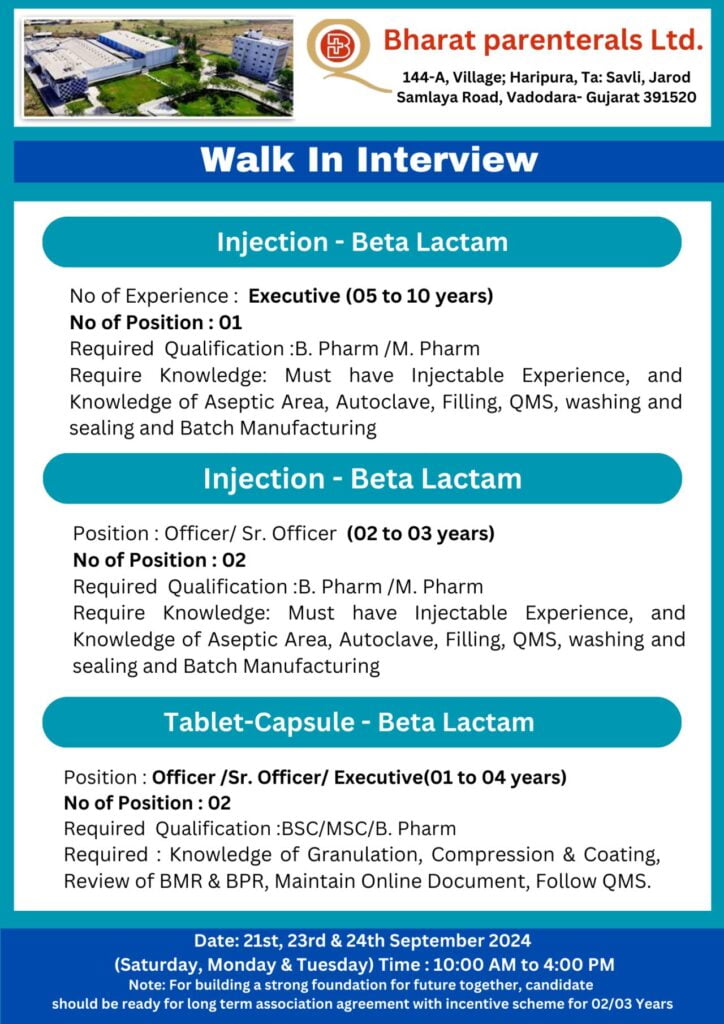 Bharat Parenterals Hiring for B.Sc, M.Sc, B.Pharm, M.Pharm, M.Tech, ITI, Diploma Bharat Parenterals Hiring for B.Sc, M.Sc, B.Pharm, M.Pharm, M.Tech, ITI, Diploma