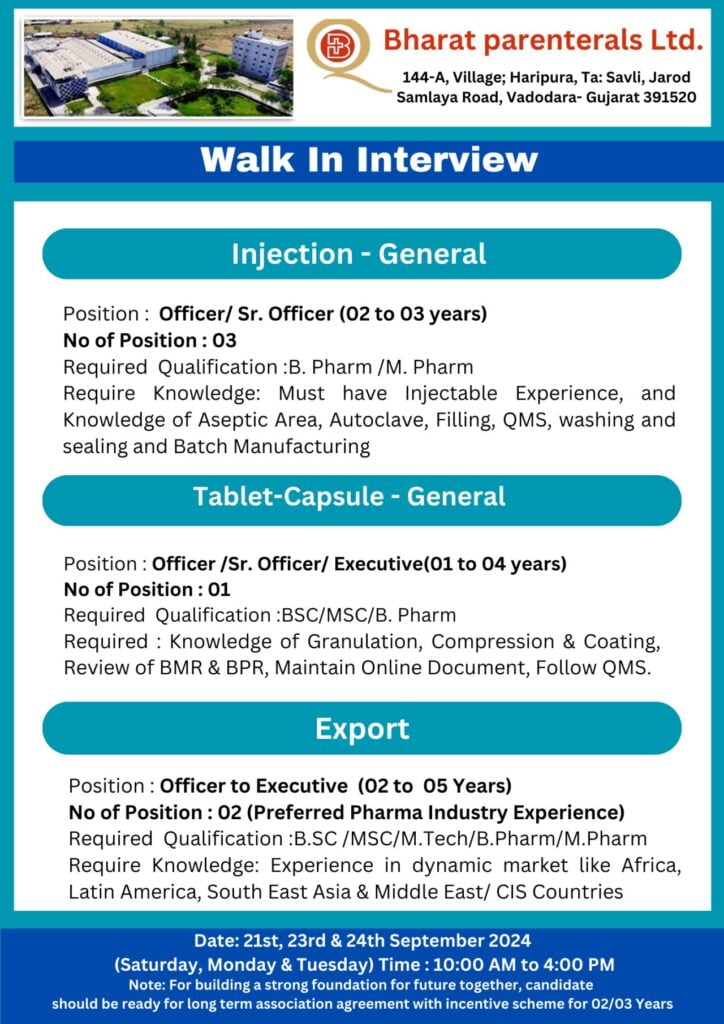 Bharat Parenterals Hiring for B.Sc, M.Sc, B.Pharm, M.Pharm, M.Tech, ITI, Diploma Bharat Parenterals Hiring for B.Sc, M.Sc, B.Pharm, M.Pharm, M.Tech, ITI, Diploma