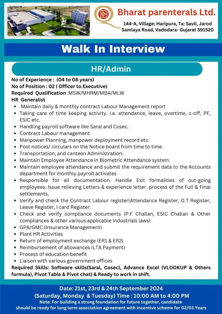 Bharat Parenterals Hiring for B.Sc, M.Sc, B.Pharm, M.Pharm, M.Tech, ITI, Diploma Bharat Parenterals Hiring for B.Sc, M.Sc, B.Pharm, M.Pharm, M.Tech, ITI, Diploma