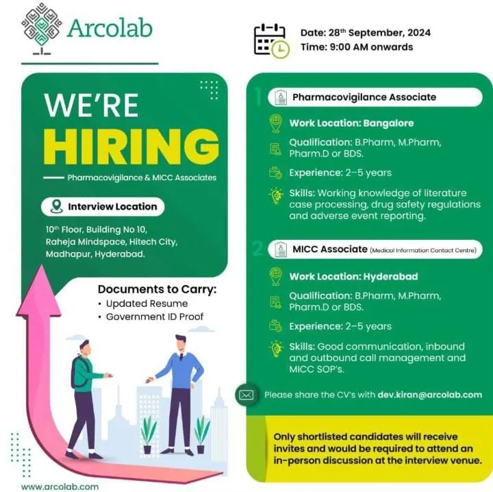 Arcolab Hiring for Pharmacovigilance / MICC Arcolab Hiring for Pharmacovigilance / MICC