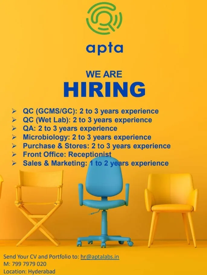 Apta Labs Hiring for QA / QC / Microbiology / Stores / Purchase / Front Office / Sales & Marketing Apta Labs Hiring for QA / QC / Microbiology / Stores / Purchase / Front Office / Sales & Marketing