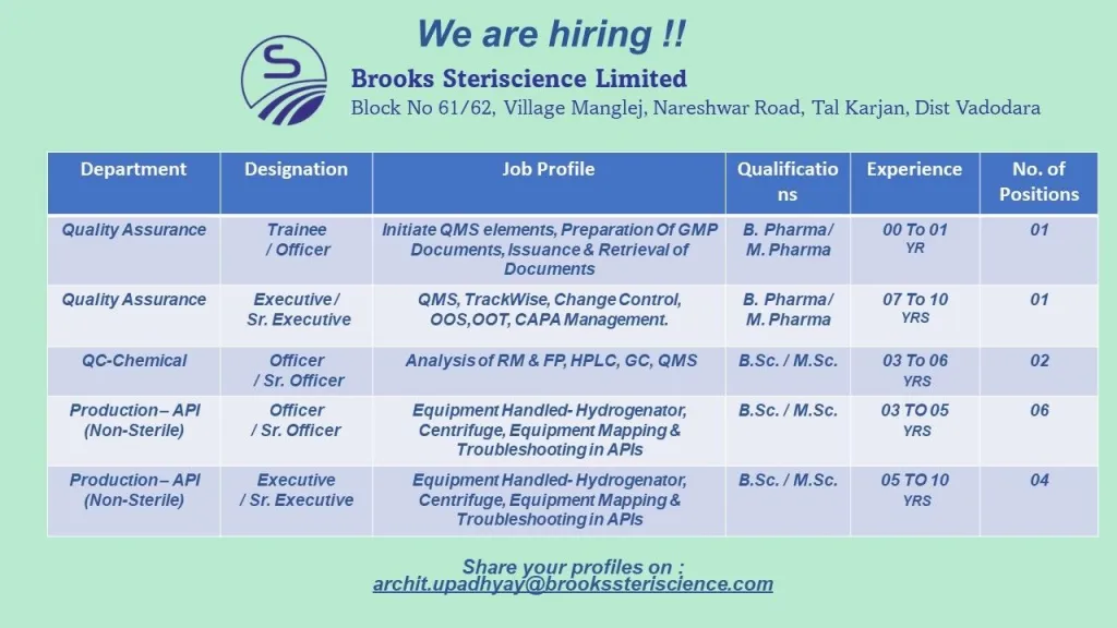 Brooks Steriscience Hiring for Production / QA/ QC - Positions: 14