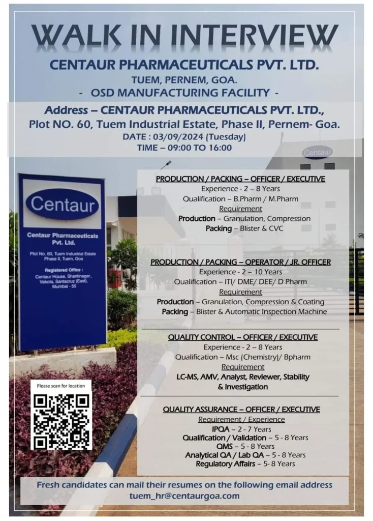 Centaur Pharma Hiring for QA / QC / Production / Packing Centaur Pharma Hiring for QA / QC / Production / Packing