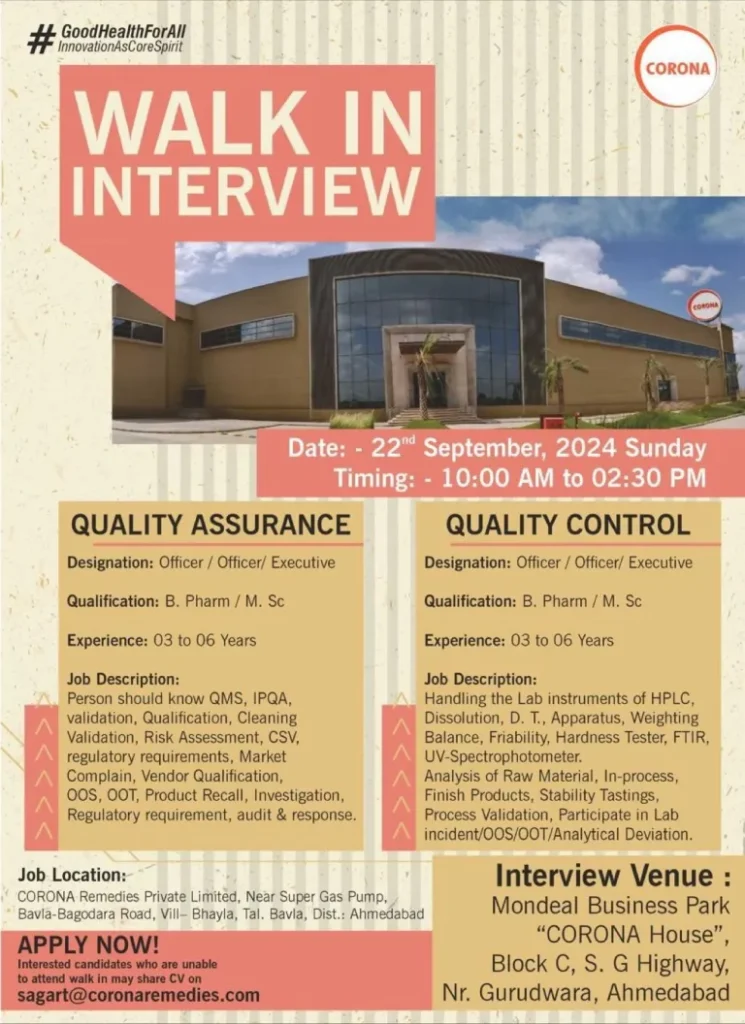 Corona Remedies Hiring for Quality Assurance / Quality Control