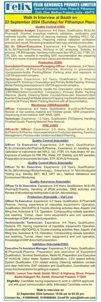 Felix Generics Hiring for Positions in QC / QA / Production / Validation / Warehouse / PPIC Felix Generics Hiring for Positions in QC / QA / Production / Validation / Warehouse / PPIC