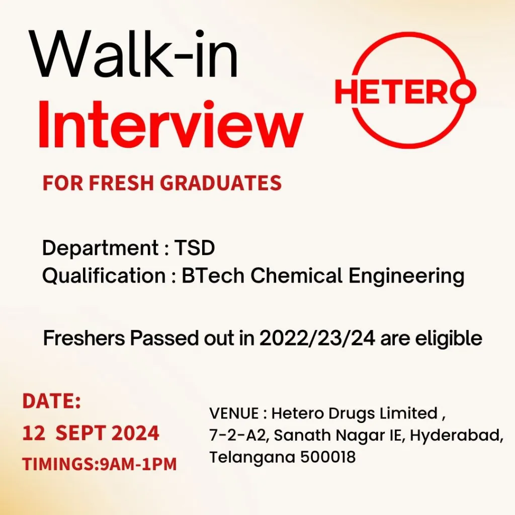 Hetero Drugs Hiring for Freshers - TSD Department Hetero Drugs Hiring for Freshers - TSD Department