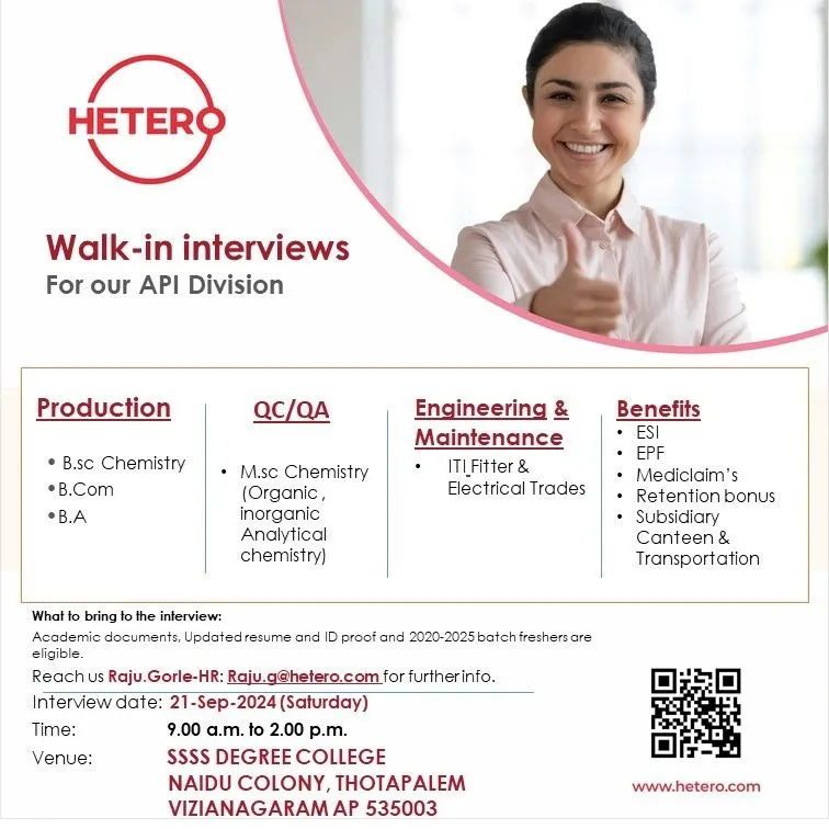HETERO LABS Hiring for Freshers in Production / QC / QA / Engineering & Maintenance HETERO LABS Hiring for Freshers in Production / QC / QA / Engineering & Maintenance