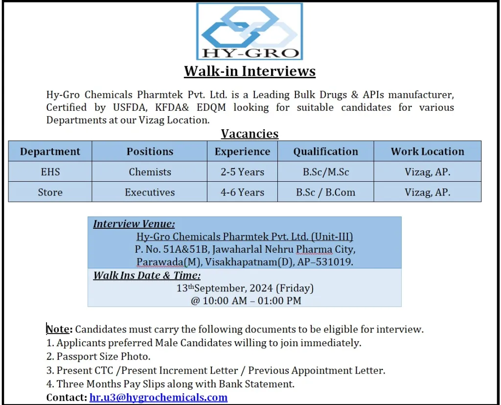Hy-Gro Chemicals Hiring for EHS / Stores Hy-Gro Chemicals Hiring for EHS / Stores