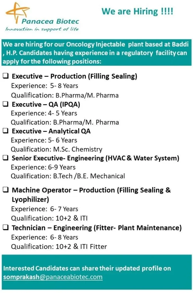 Panacea Biotec Hiring for Production / QA / Analytical QA / Engineering Panacea Biotec Hiring for Production / QA / Analytical QA / Engineering