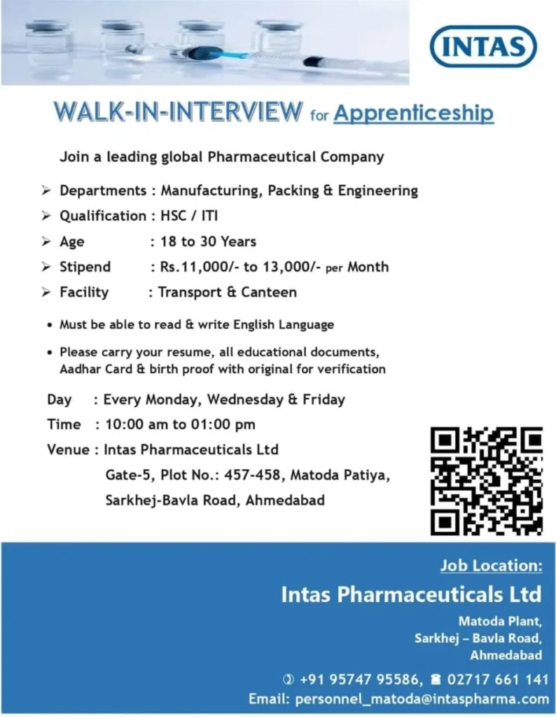 FRESHERS NEEDED: Intas Pharma Hiring for Manufacturing / Packing / Engineering FRESHERS NEEDED: Intas Pharma Hiring for Manufacturing / Packing / Engineering