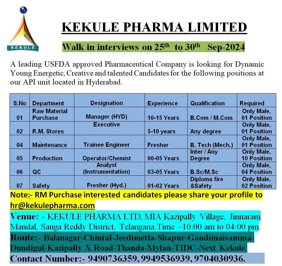 Kekule Pharma Hiring for Production / QC / Safety / Stores / Purchase / Maintenance Kekule Pharma Hiring for Production / QC / Safety / Stores / Purchase / Maintenance
