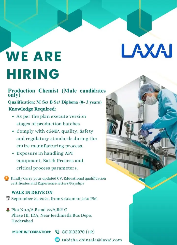 LAXAI Life Sciences Hiring for Freshers & Experienced in QA / QC / Production / Admin LAXAI Life Sciences Hiring for Freshers & Experienced in QA / QC / Production / Admin