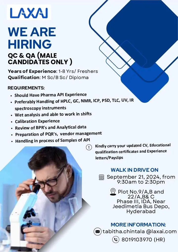 LAXAI Life Sciences Hiring for Freshers & Experienced in QA / QC / Production / Admin LAXAI Life Sciences Hiring for Freshers & Experienced in QA / QC / Production / Admin