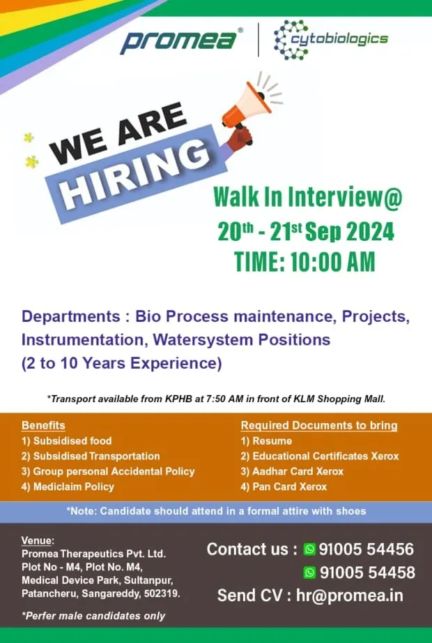 Promea Therapeutics Hiring for Bio Process Maintenance / Projects / Instrumentation / Water System / Engineering Procurement Promea Therapeutics Hiring for Bio Process Maintenance / Projects / Instrumentation / Water System / Engineering Procurement