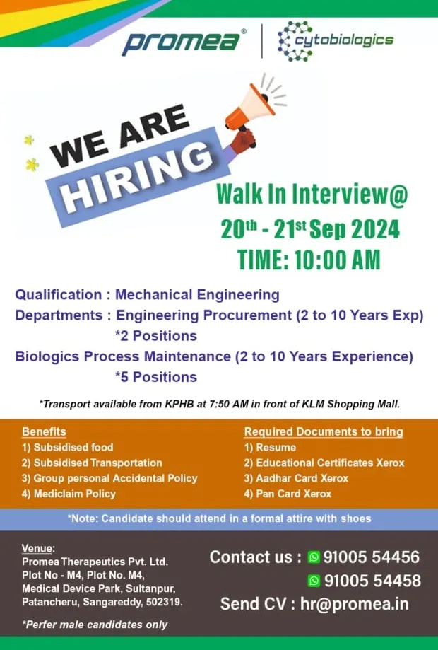 Promea Therapeutics Hiring for Bio Process Maintenance / Projects / Instrumentation / Water System / Engineering Procurement Promea Therapeutics Hiring for Bio Process Maintenance / Projects / Instrumentation / Water System / Engineering Procurement
