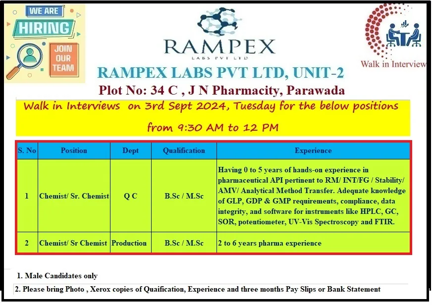 Rampex Labs Hiring for Freshers & Experience in QC / Production Rampex Labs Hiring for Freshers & Experience in QC / Production