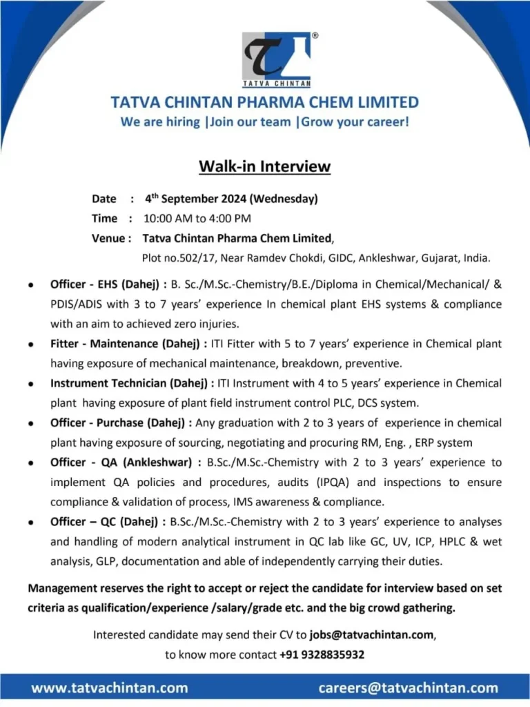 Tatva Chintan Hiring for QC / QA / EHS / Purchase / Instrumentation / Maintenance Tatva Chintan Hiring for QC / QA / EHS / Purchase / Instrumentation / Maintenance