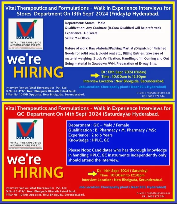 Vital Therapeutics and Formulations Hiring for Quality Control / Stores Vital Therapeutics and Formulations Hiring for Quality Control / Stores