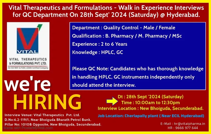 Vital Therapeutics and Formulations Hiring for Quality Control Vital Therapeutics and Formulations Hiring for Quality Control